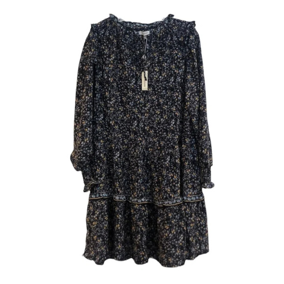 Max Studio Black V Neck Balloon Sleeve Floral Bohemian Casual Mini Dress S NWT - Picture 1 of 11